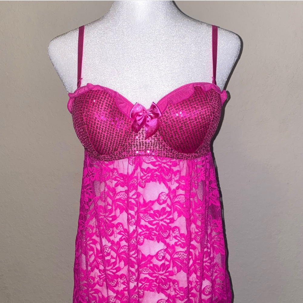 Vintage Pink Sequin Babydoll Slip dress with thong. Size Medium. - Picture 2 of 6